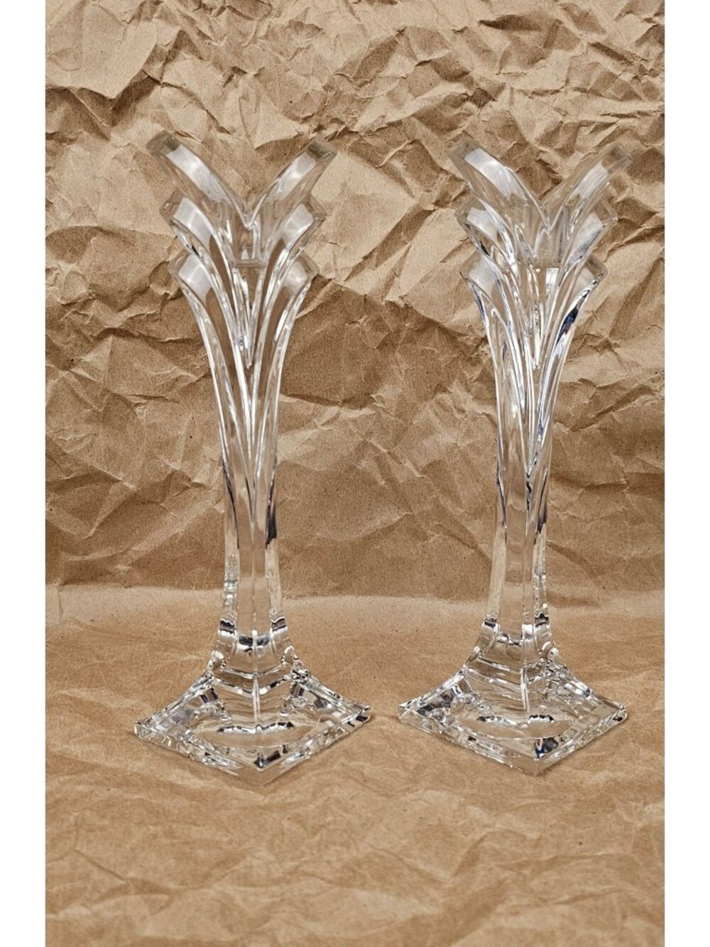 Pair Of Vintage Crystal Glass Candle Holders - Elegant Design - 8" Tall - Square